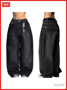 Vintage Hip Hop Baggy Jeans Mid Rise Wide Leg Denim Pants